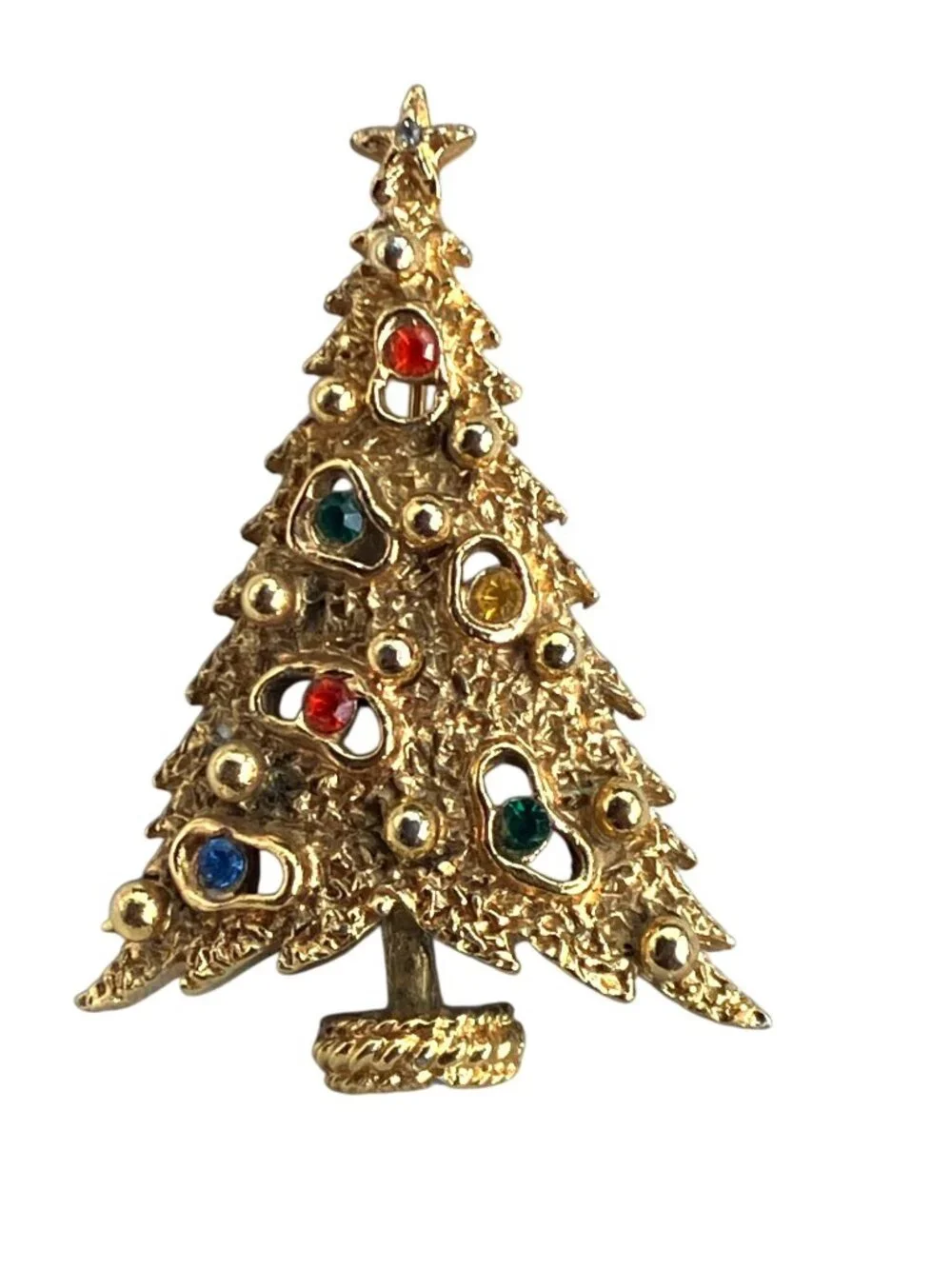Gold Tone Christmas Tree Pin Brooch Multicolor Rhinestones Star Accent Signed